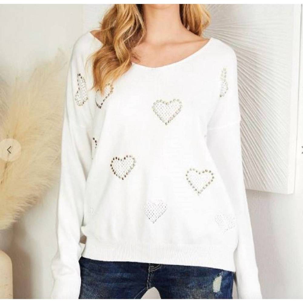 NEW VENTI6 studded heart long sleeve v neck sweater in white